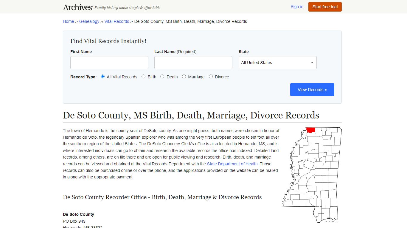 De Soto County, MS Birth, Death, Marriage, Divorce Records